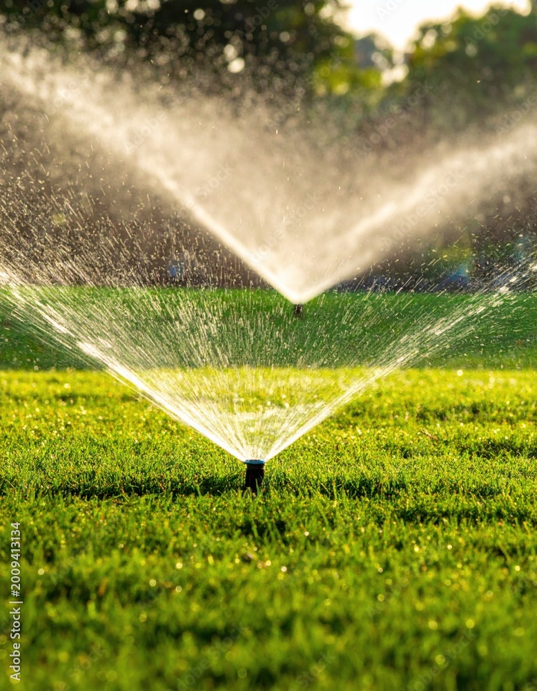 Impact sprinkler watering a lush green residential lawn in Cypress, TX