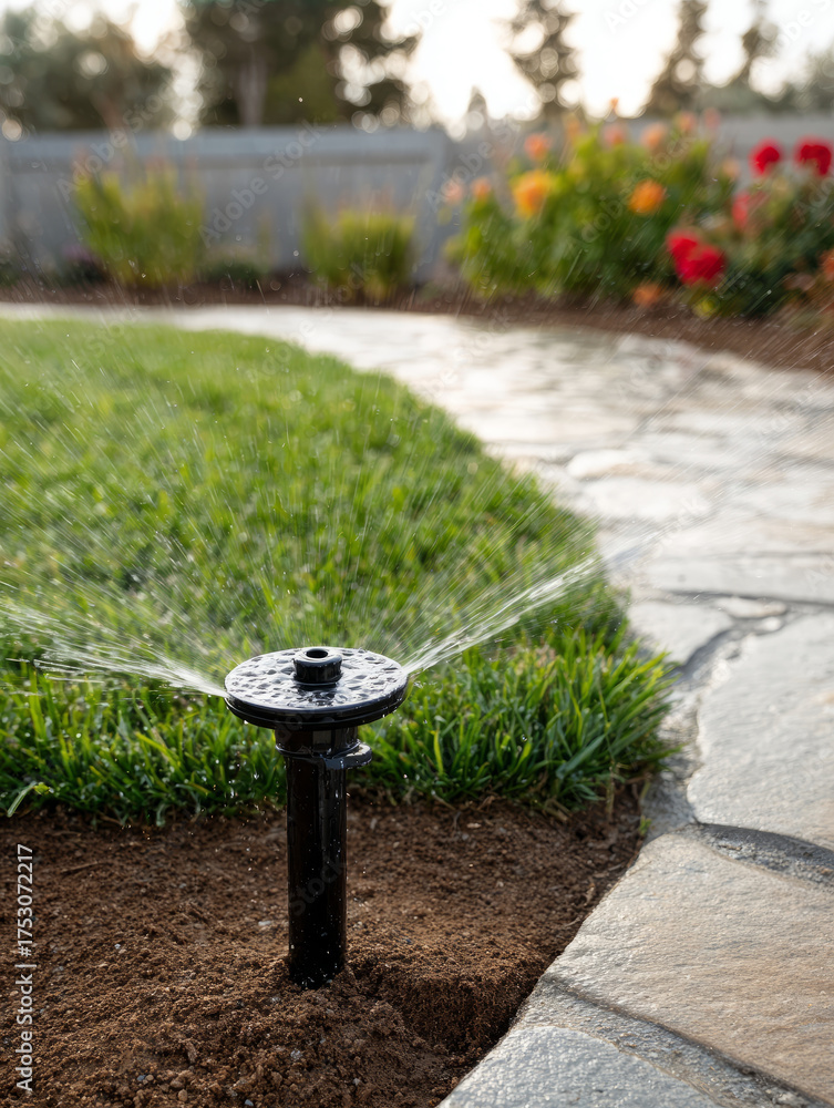 Sprinkler watering a green lawn next to a curved gravel pathway