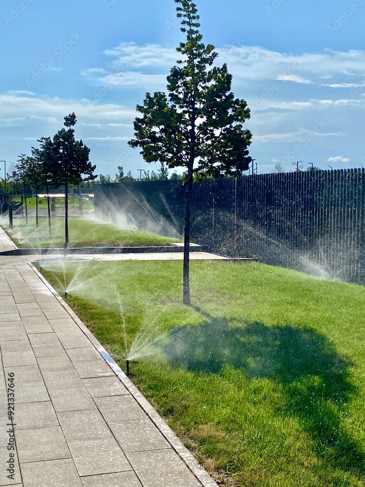 Commercial irrigation system in operation at a business property in Cypress, TX
